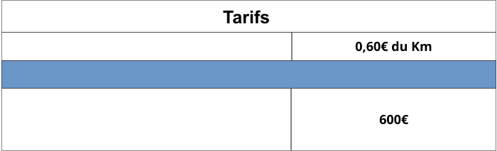 Tarifs  0,60€ du Km 600€